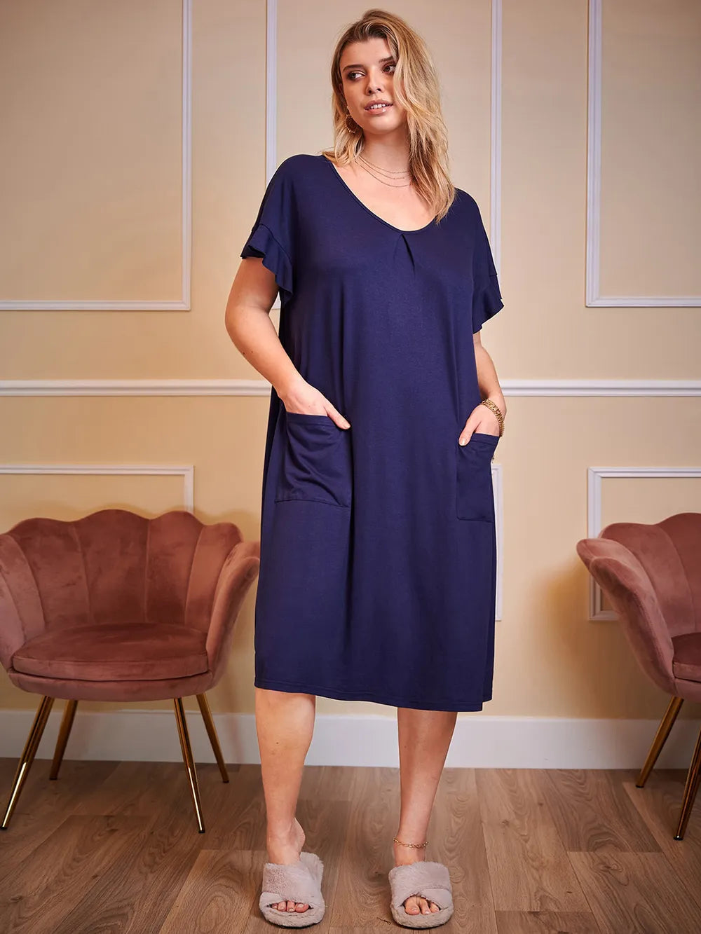 Plus Size Round Neck Short Sleeve Lounge Dress Easy Apparels