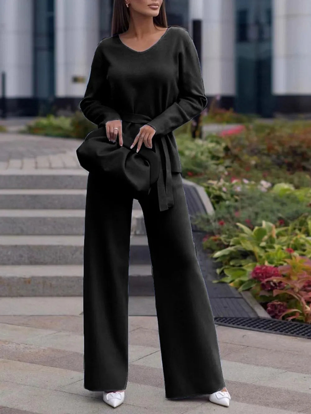 V-Neck Long Sleeve Top and Drawstring Pants Sweater Set Black One Size Easy Apparels