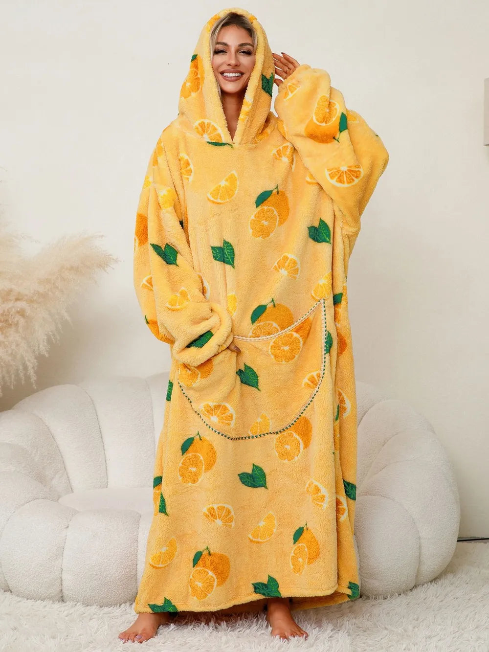 Fuzzy Pocketed Long Sleeve Hooded Lounge Dress Easy Apparels