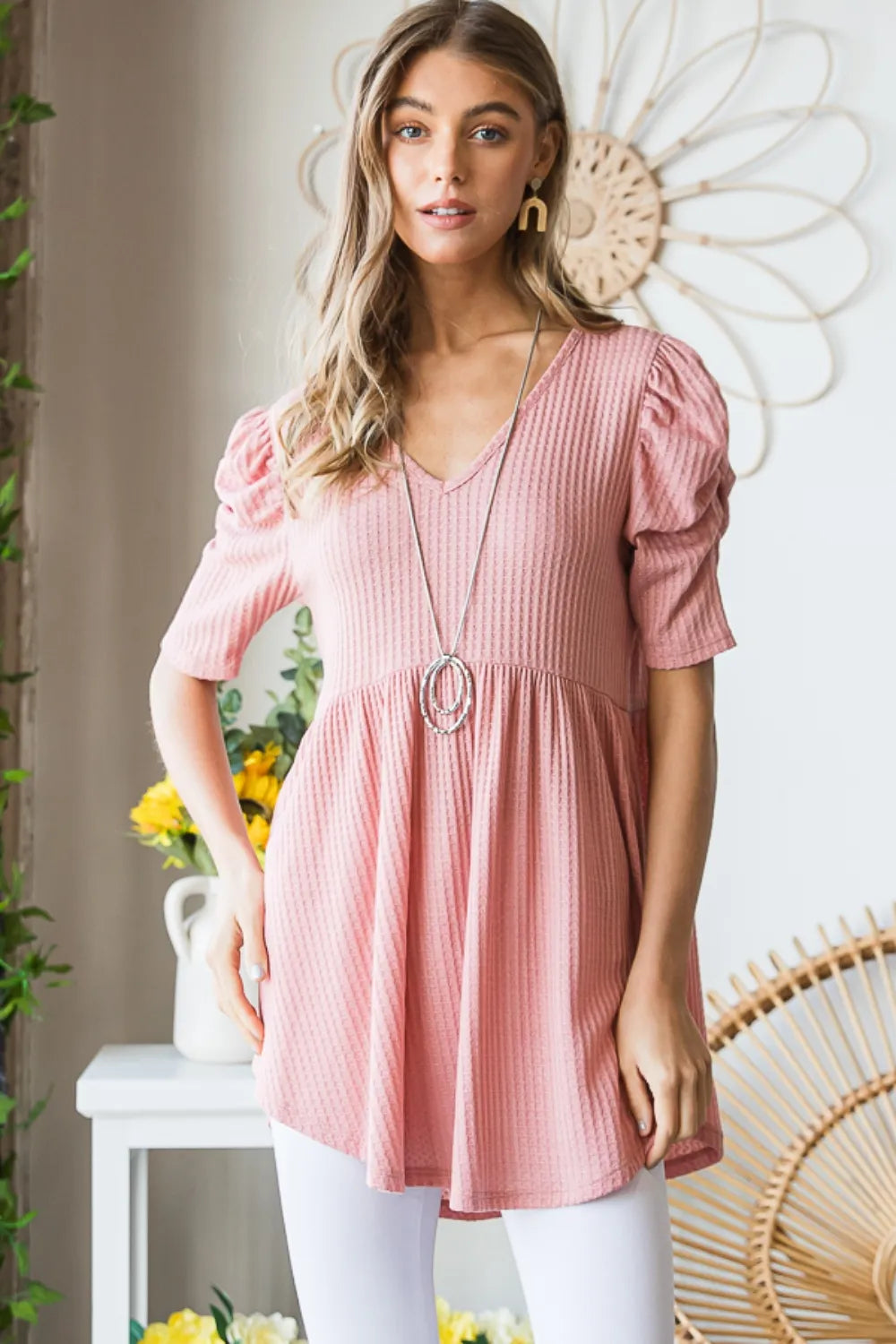 Trendsi Heimish Full Size Waffle Knit V-Neck Babydoll Top