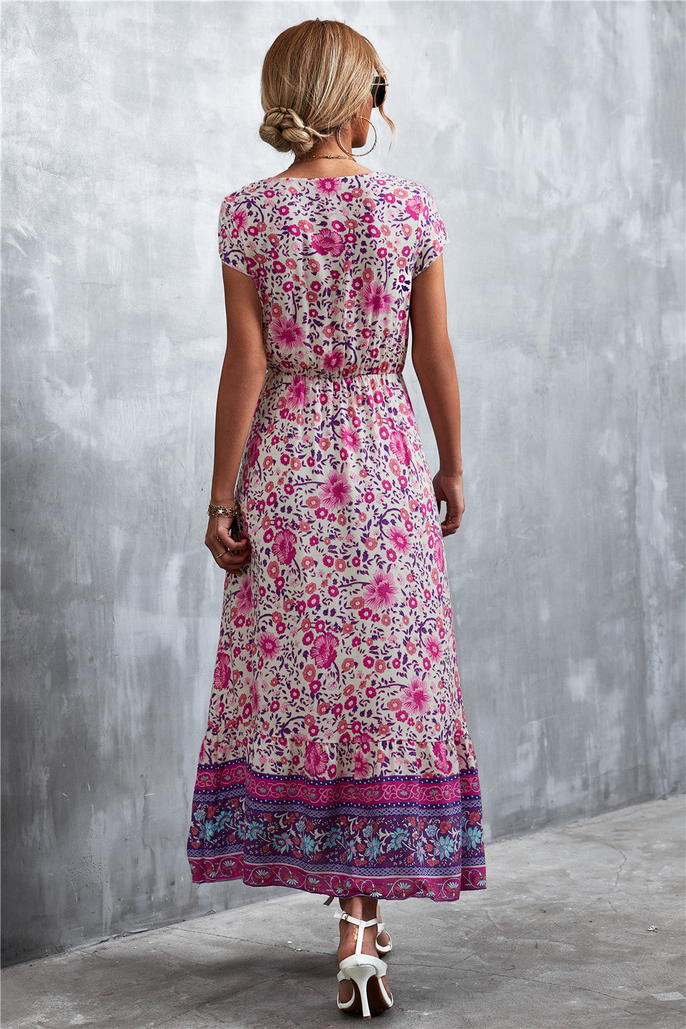 Trendsi V-Neck Short Sleeve Printed Maxi Dress