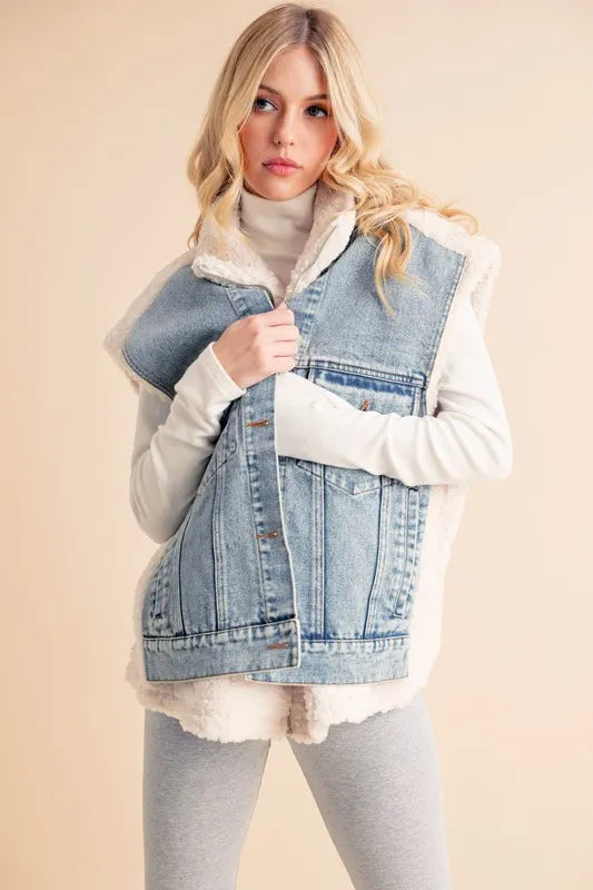Aemi + Co Fake Two Pieces Denim Patch Sherpa Vest Coat Easy Apparels
