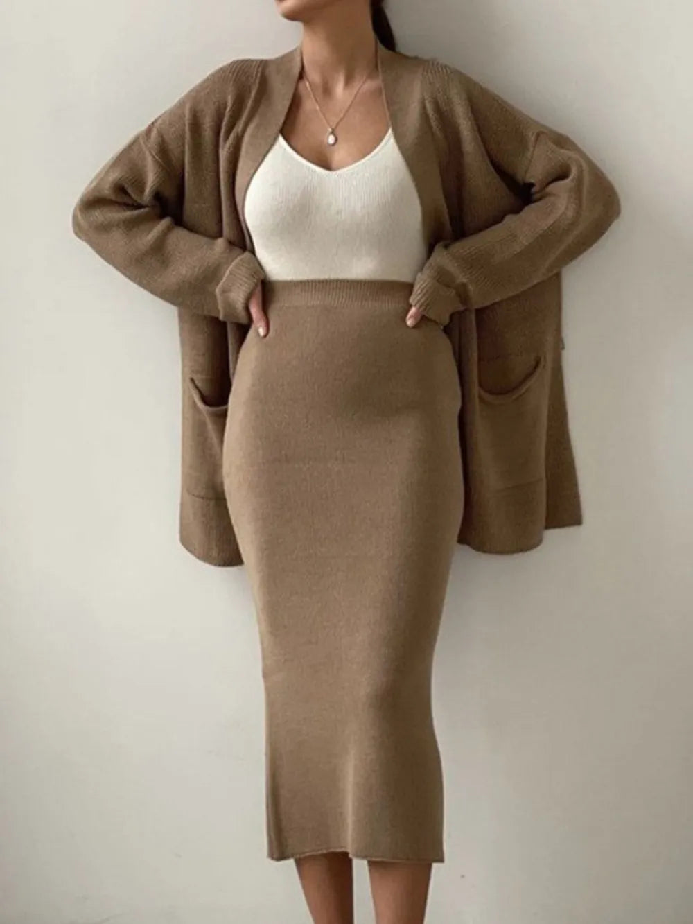 Pocketed Long Sleeve Cardigan and Skirt Sweater Set Easy Apparels