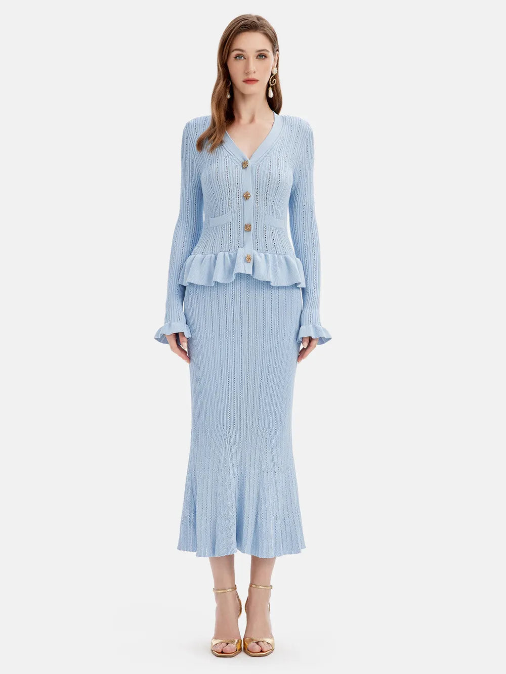 Ruffled V-Neck Top and Midi Skirt Sweater Set Easy Apparels