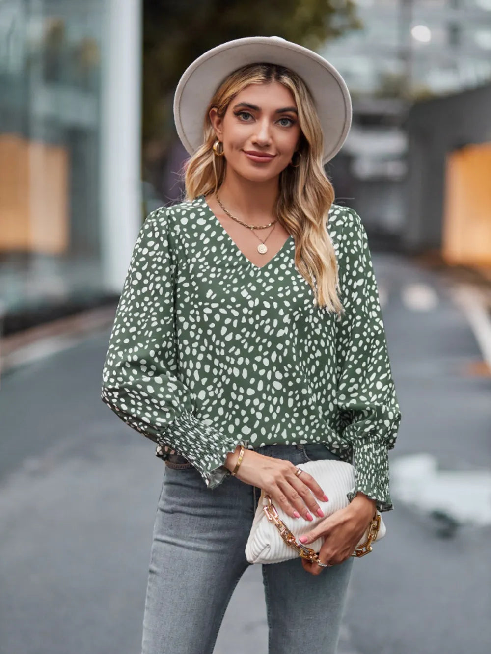 Trendsi Printed V-Neck Lantern Sleeve Blouse