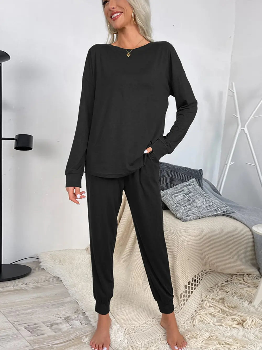 Shiny Round Neck Top and Drawstring Pants Lounge Set Easy Apparels