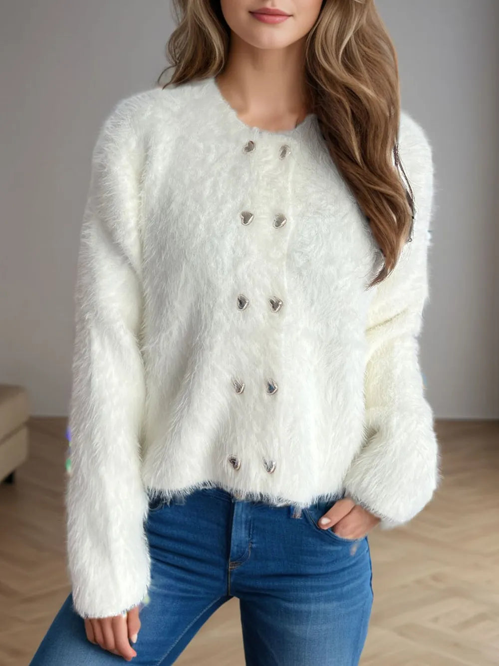 Heart Button Round Neck Cardigan Easy Apparels