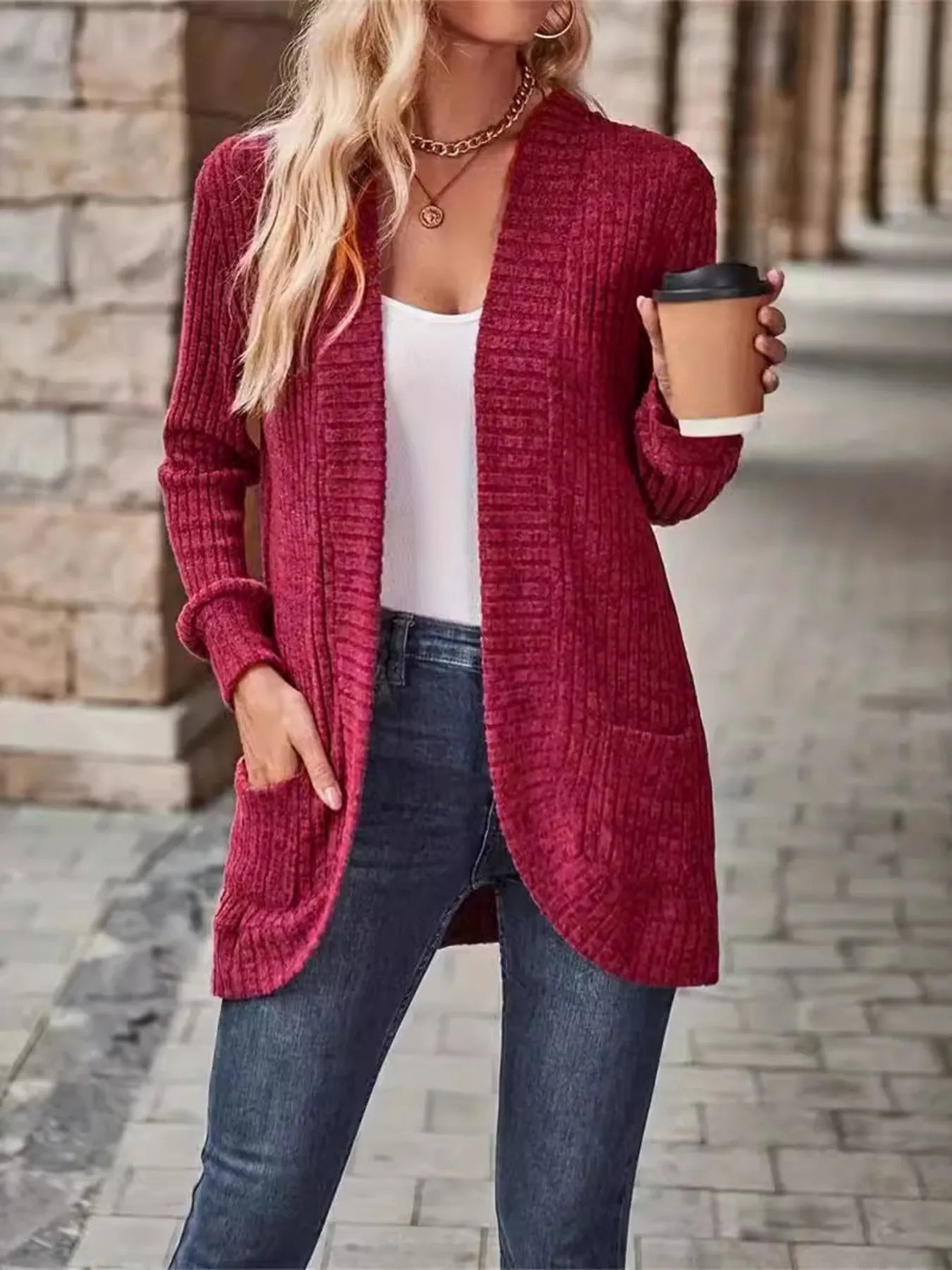 Ribbed Open Front Long Cardigan with Pockets Easy Apparels