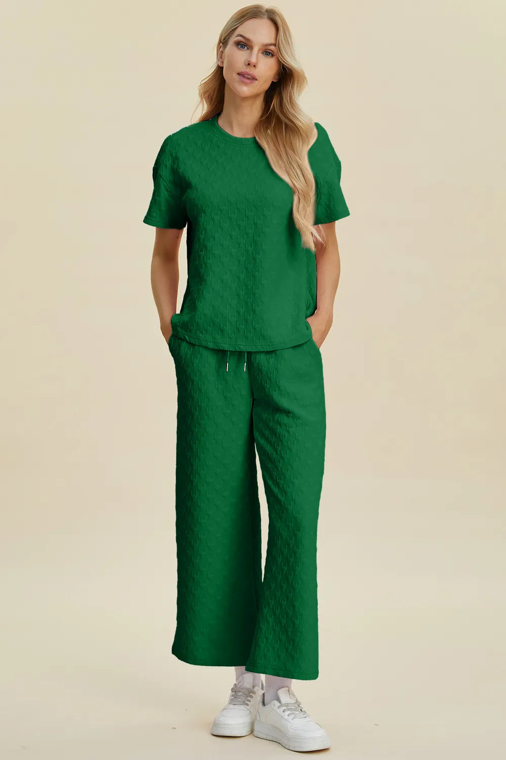 Double Take Full Size Texture Round Neck Short Sleeve Top and Pants Set Dark Green Easy Apparels