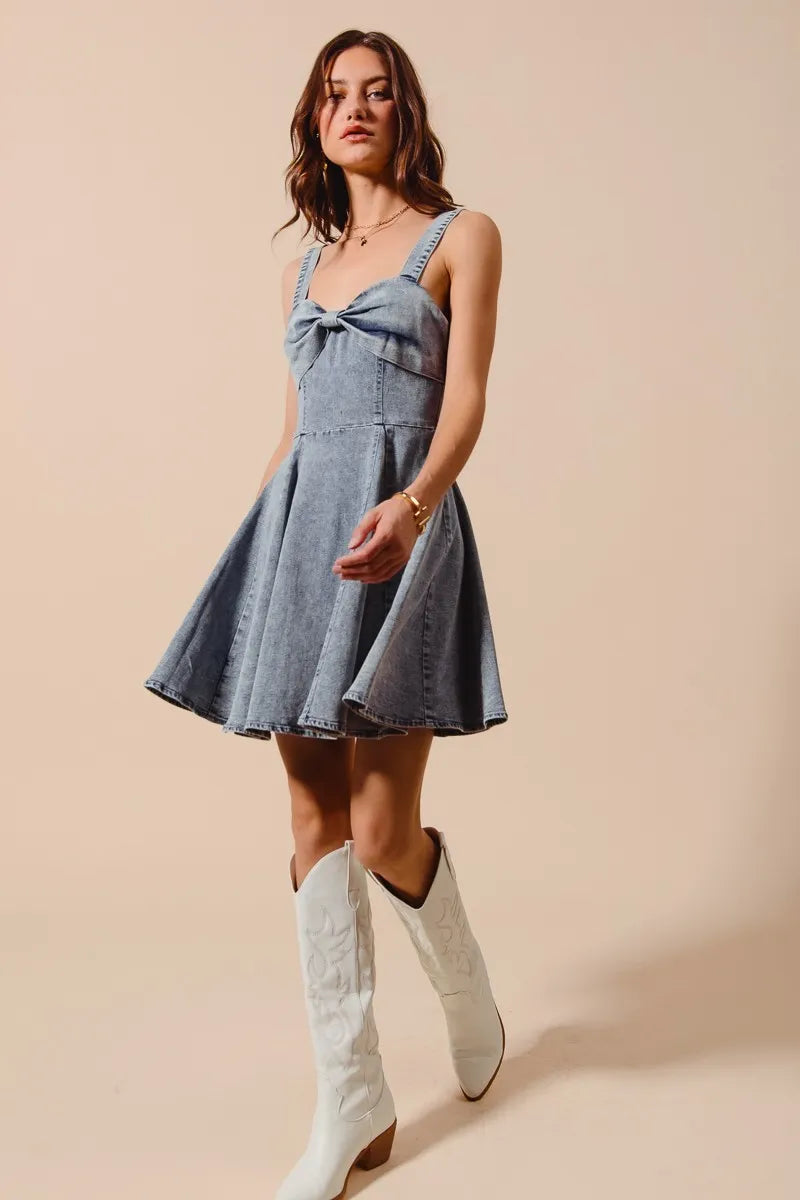 SO ME Mineral Washed Bow Ribbon Denim Flare Dress Easy Apparels