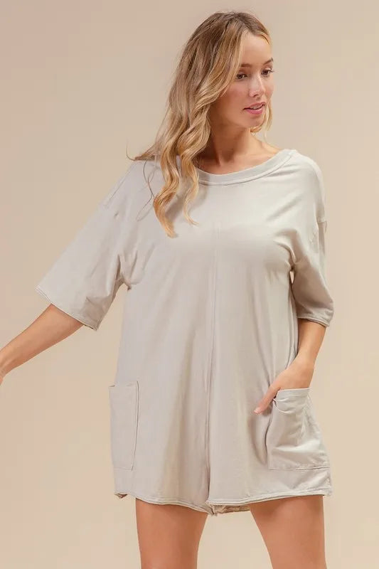 BiBi Short Sleeve Back Open Washed Romper OATMEAL Easy Apparels