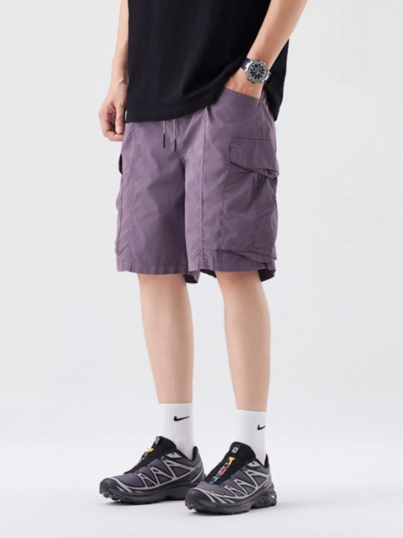 Men's Full Size Drawstring Cargo Shorts Plus Size Purple Easy Apparels