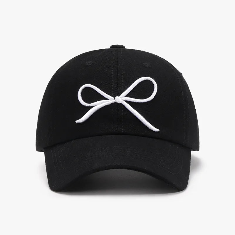 Bow Embroidered Cotton Baseball Cap Black One Size Easy Apparels