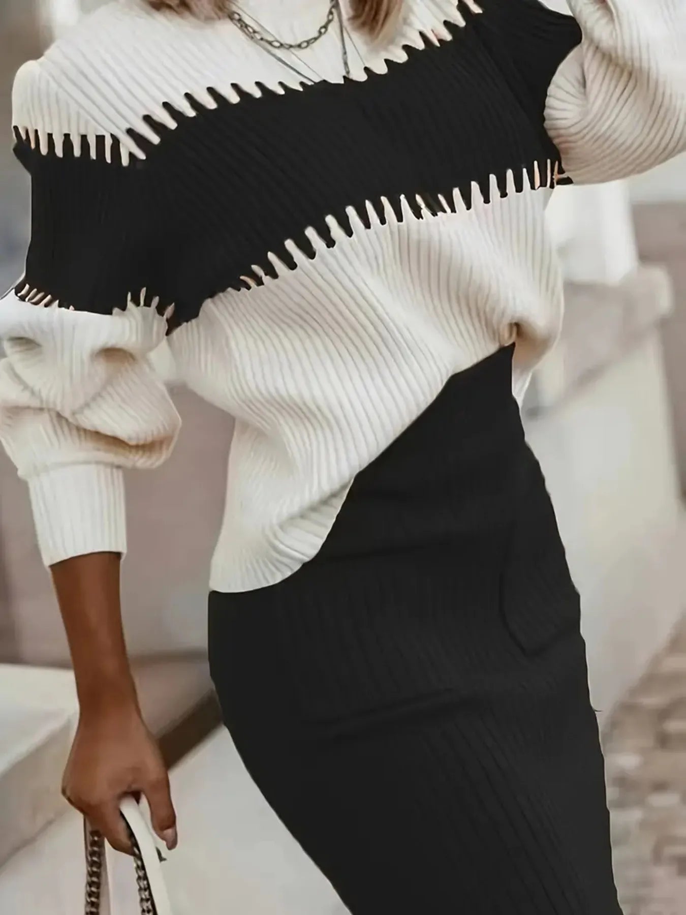 Two-Tone Ribbed Knit Top and Skirt Sweater Set Easy Apparels