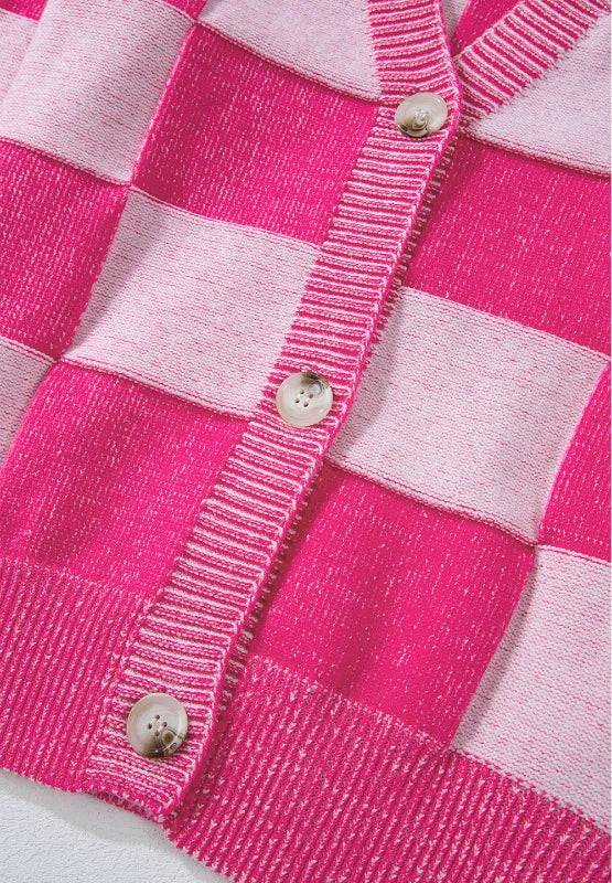 Checkered V-Neck Long Sleeve Cardigan Easy Apparels