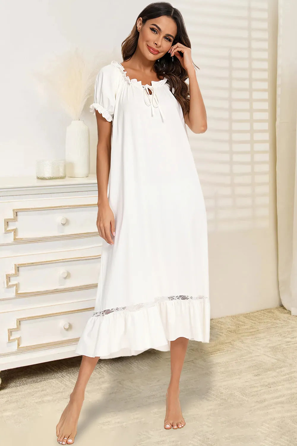 Lace Detail Short Sleeve Lounge Dress Easy Apparels