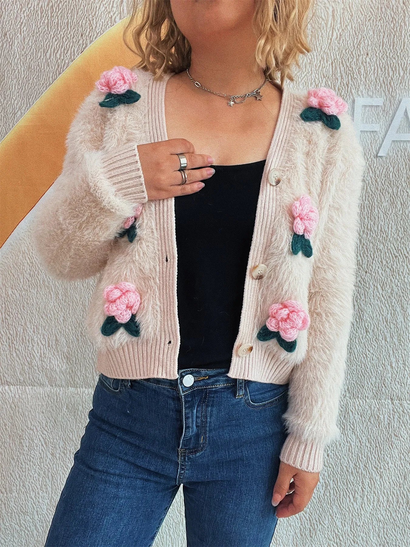 Flower Fuzzy Button-Up Cardigan Easy Apparels
