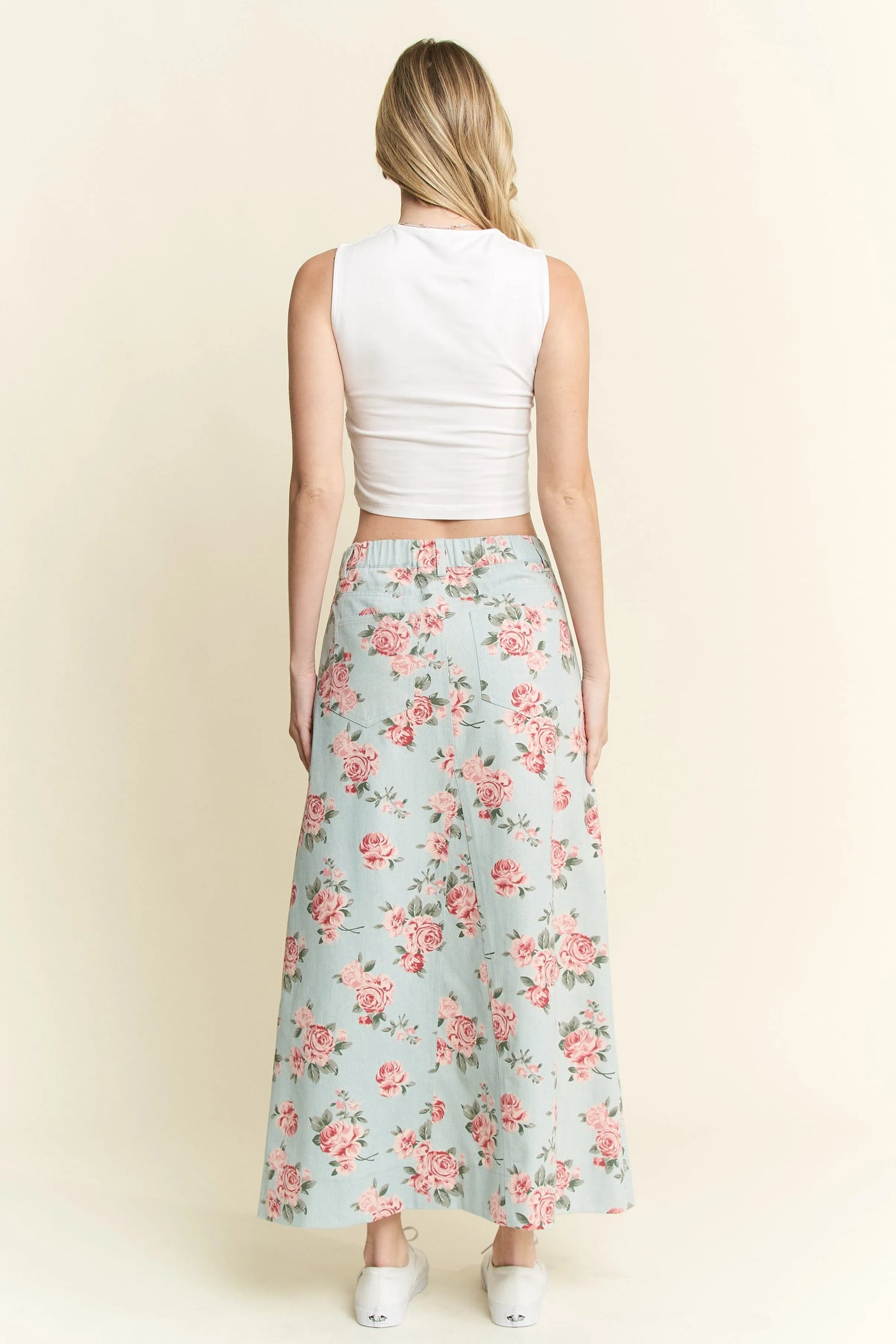 Jade By Jane Full Size Floral Print Front Slit Denim Maxi Skirt Plus Size Easy Apparels
