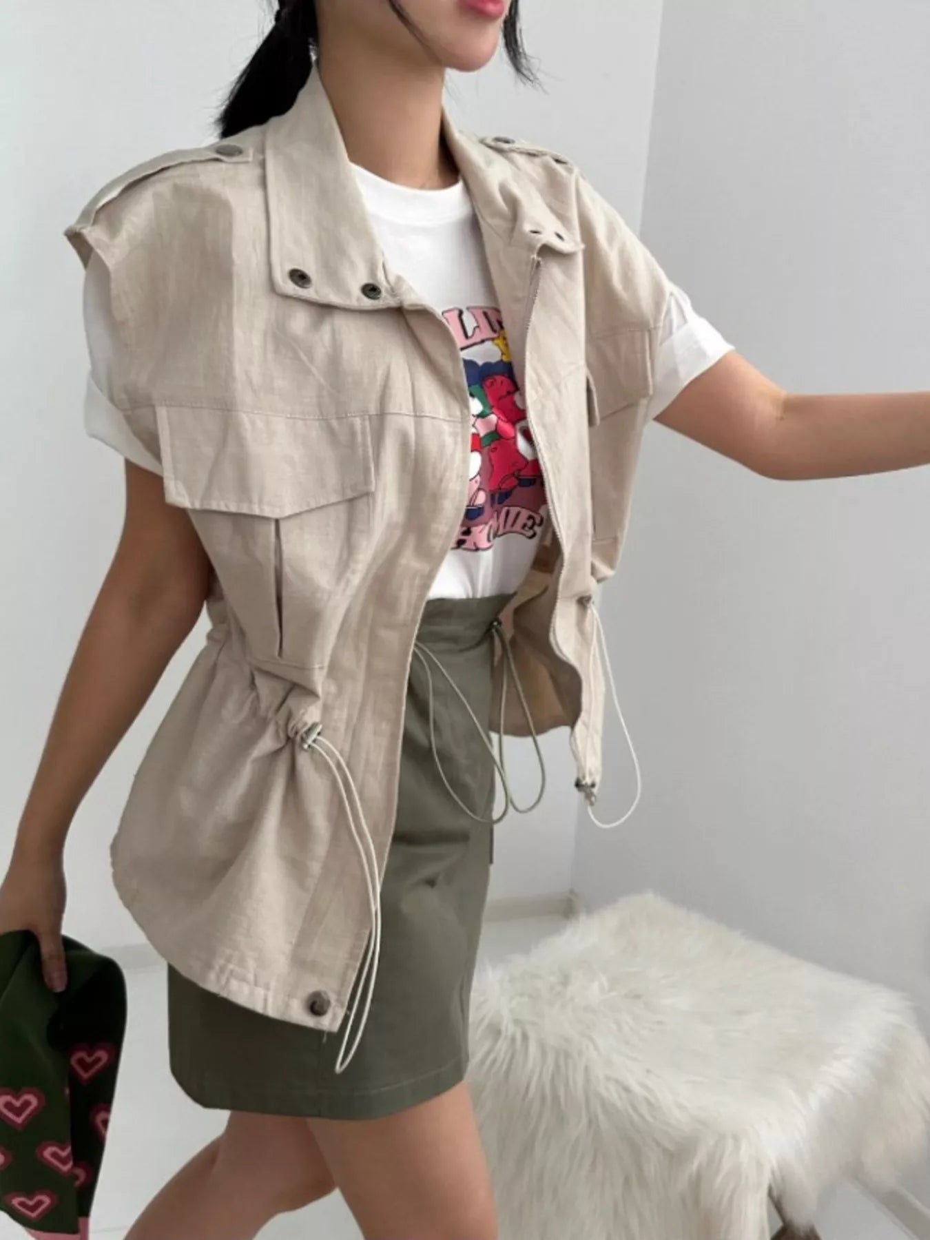 Drawstring Zip Up Vest Coat Easy Apparels