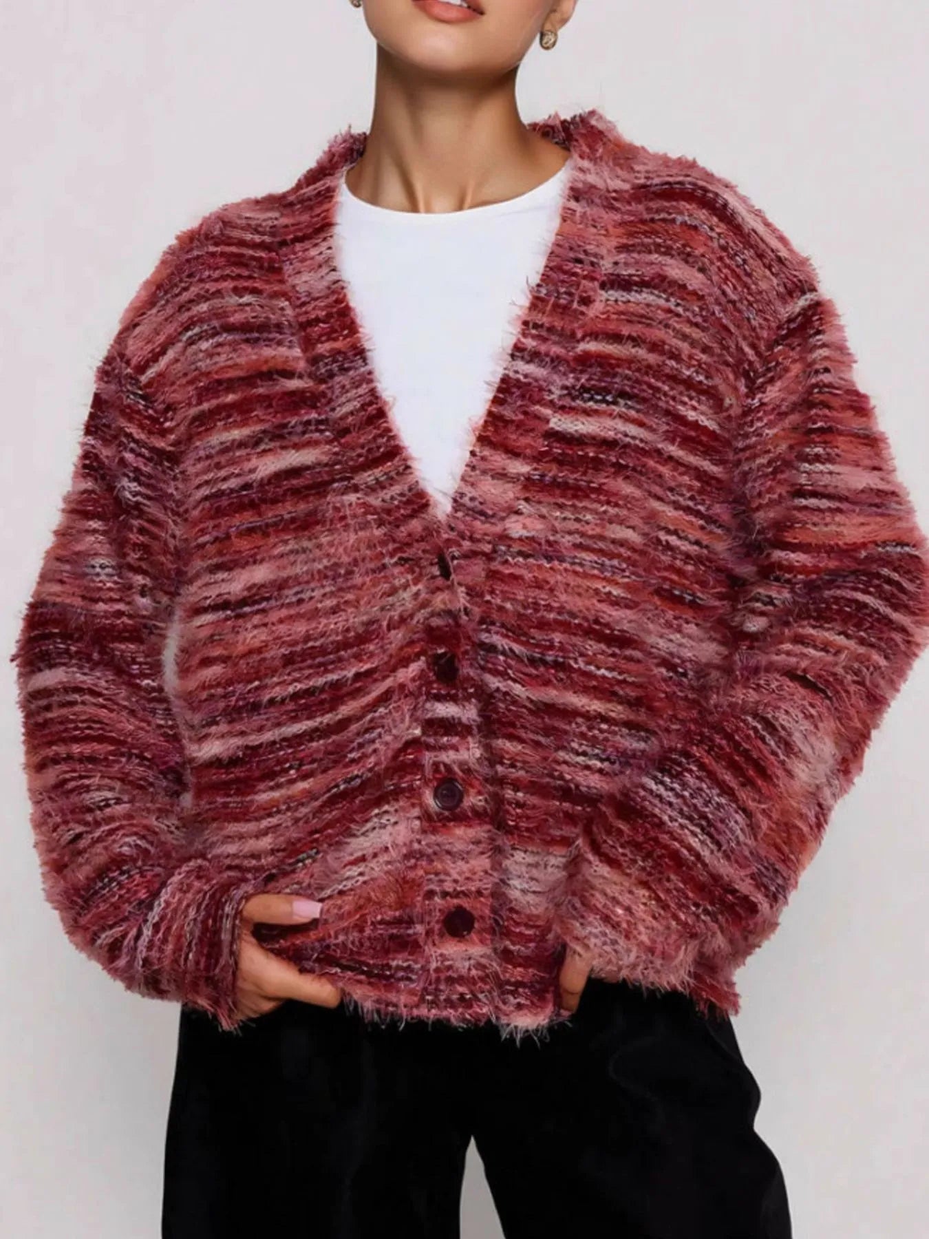 Fuzzy Button Down Chunky Cardigan Cerise Easy Apparels
