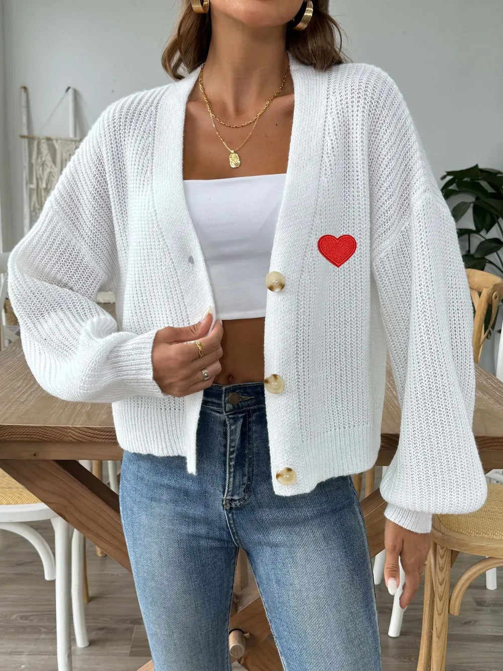 Heart Button Down V-Neck Long Sleeve Cardigan Easy Apparels