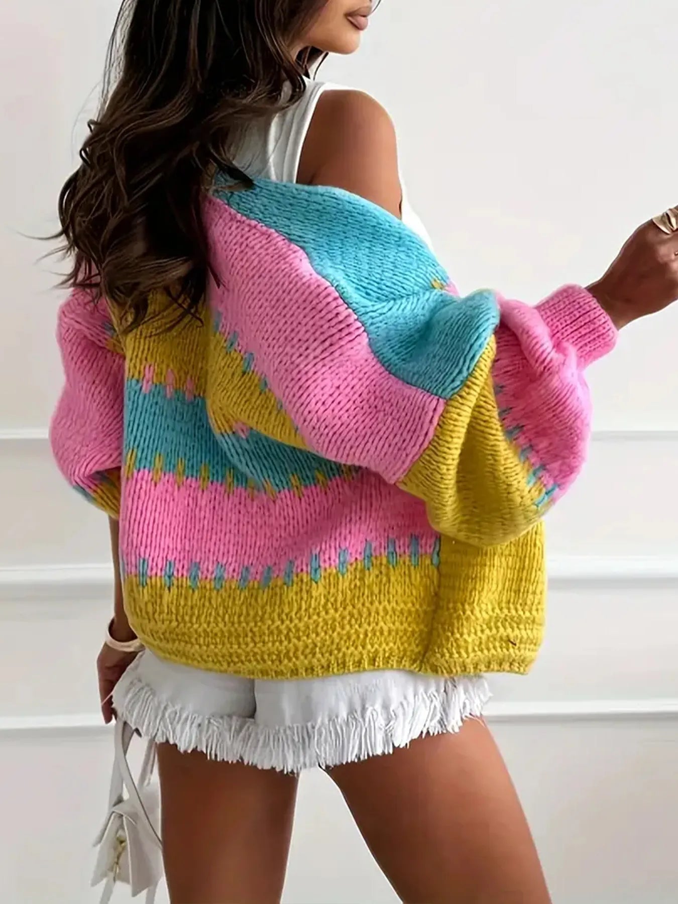 Color Block Drop Shoulder Cardigan Easy Apparels