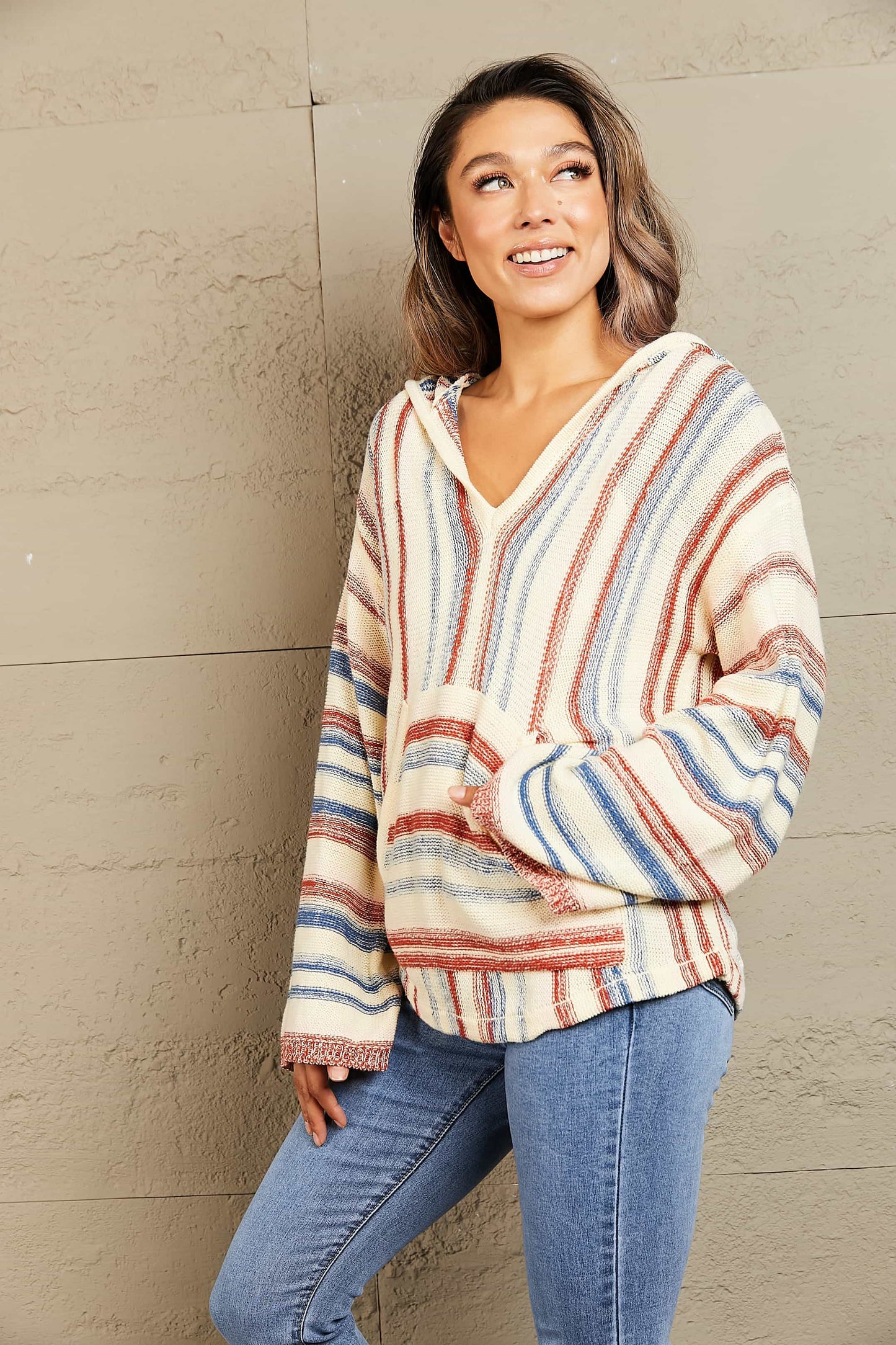 Striped Hooded Sweater with Kangaroo Pocket Easy Apparels