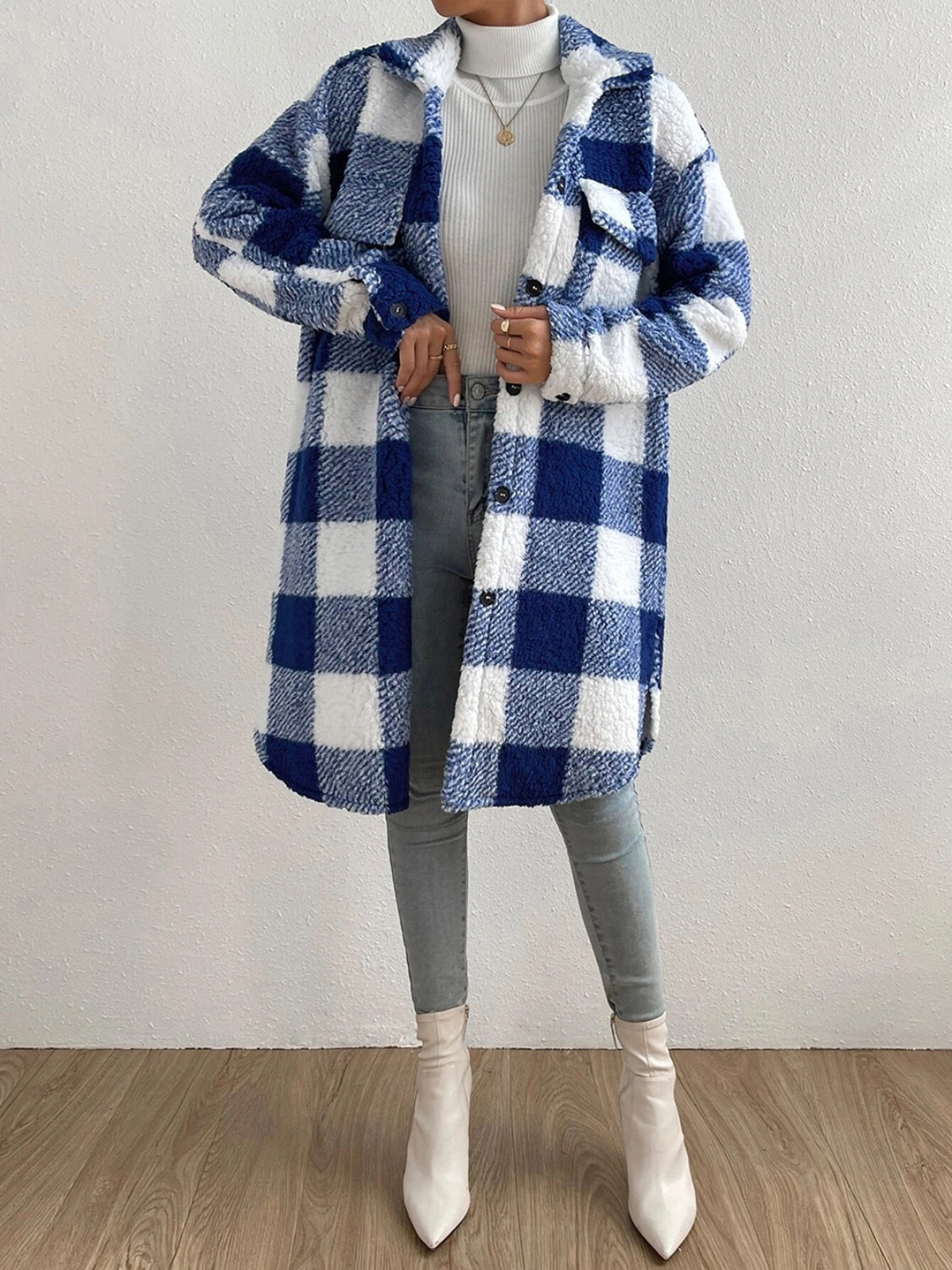 Plaid Collared Neck Button Down Coat Royal Blue Easy Apparels