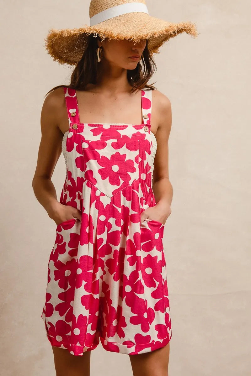 BiBi Floral Prints Tuck Detail Short Overall With Pockets Easy Apparels