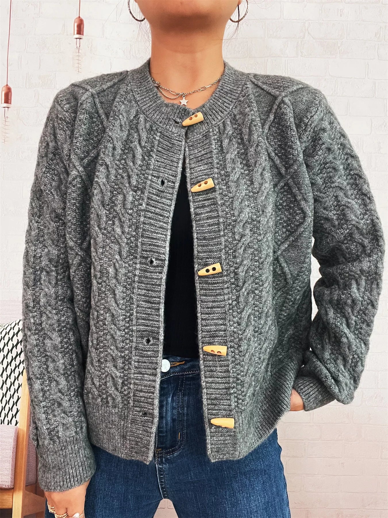 Cable Knit Button-Up Cardigan Easy Apparels
