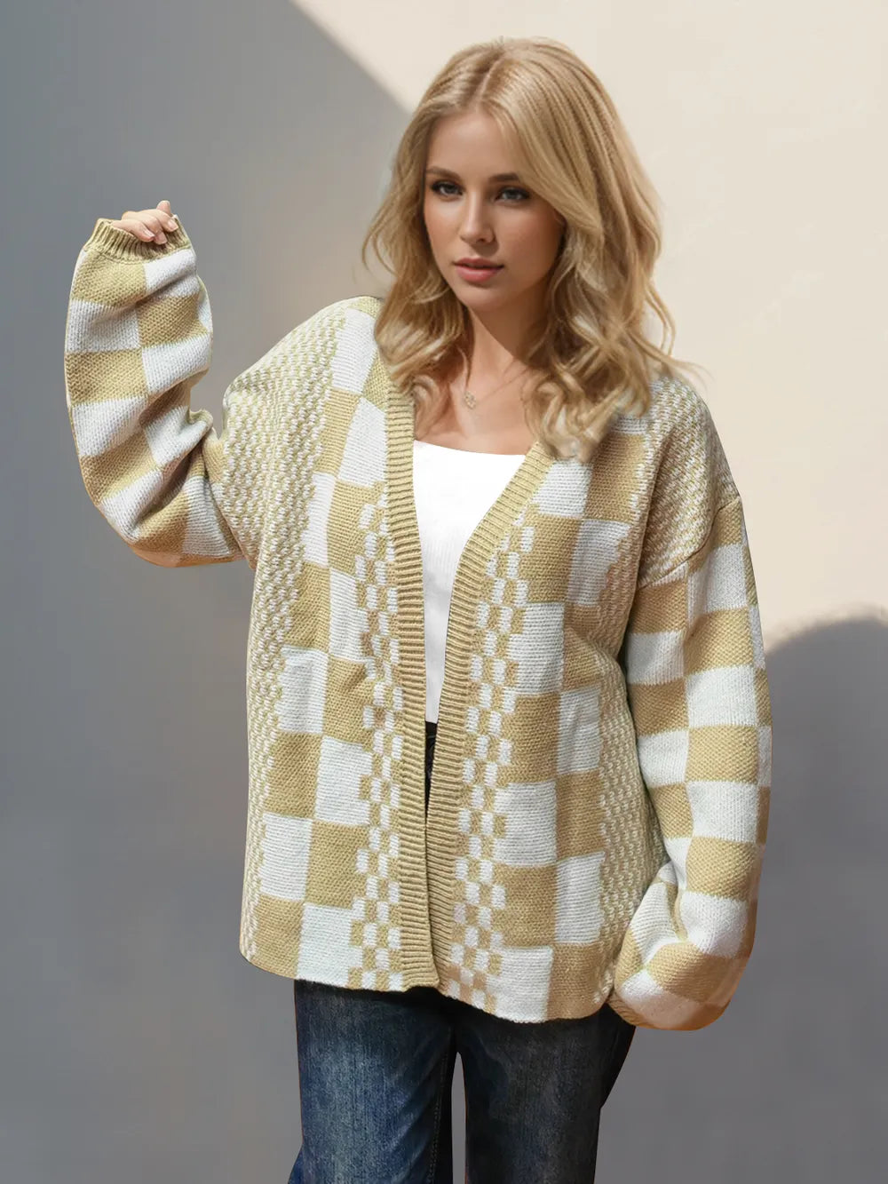 Double Take Checkered Open Front Dropped Shoulder Cardigan Easy Apparels