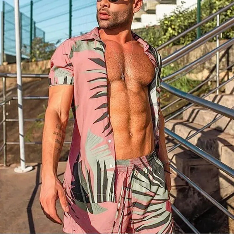 Men's Full Size Button Up Shirt and Shorts Set Plus Size Pink Easy Apparels