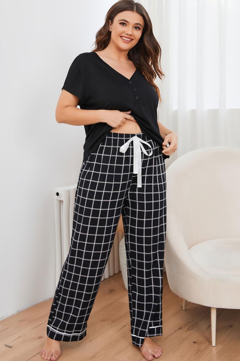 Plus Size V-Neck Top and Plaid Pants Lounge Set Easy Apparels
