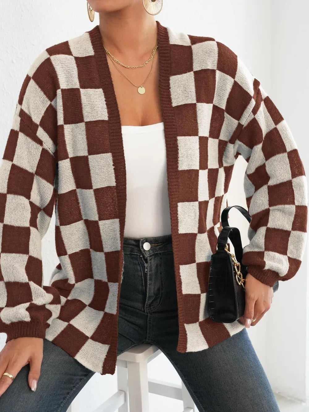 Checkered Open Front Long Sleeve Cardigan Easy Apparels