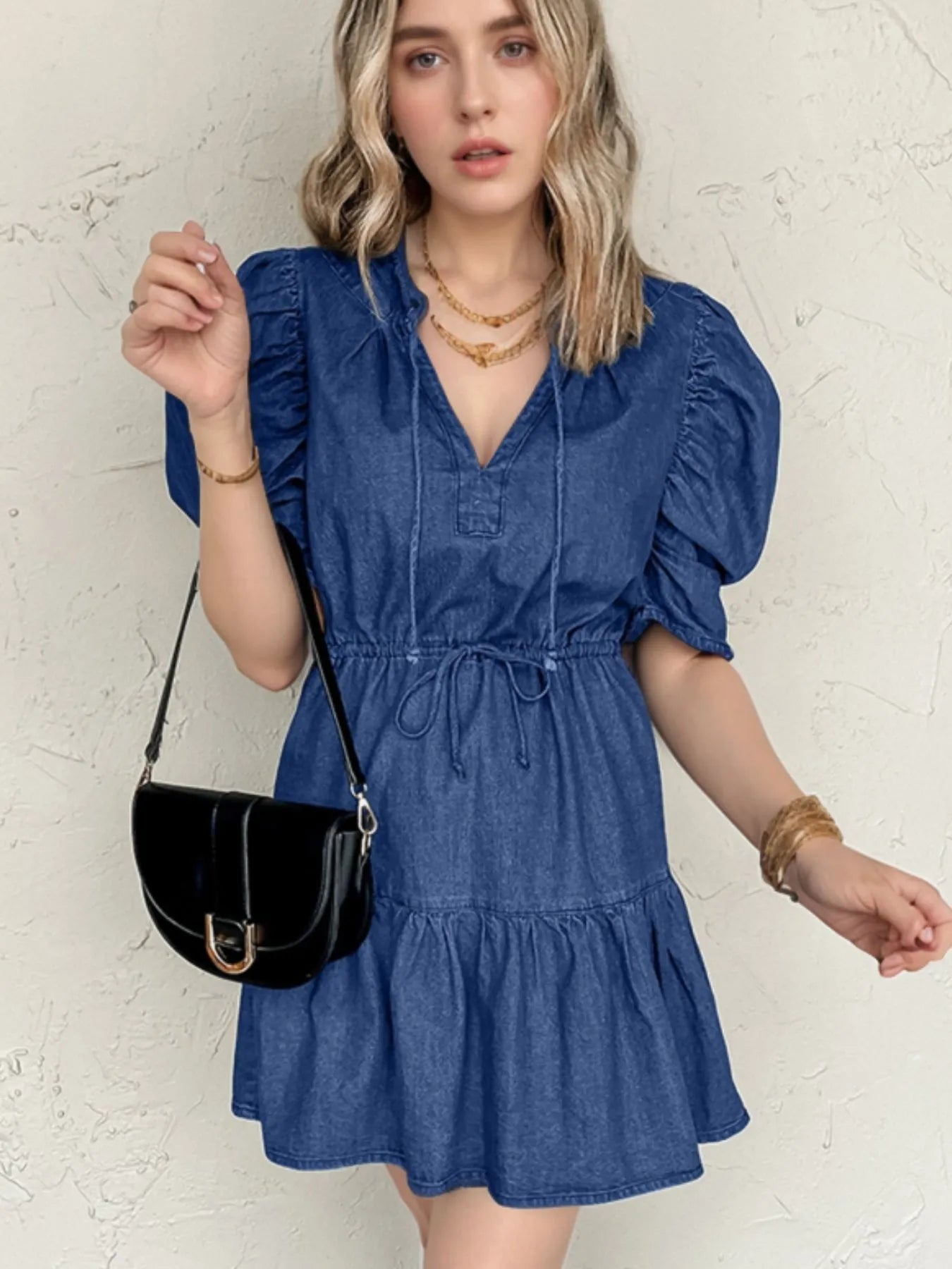 Drawstring High Waist Puff Sleeve Denim Mini Dress Easy Apparels