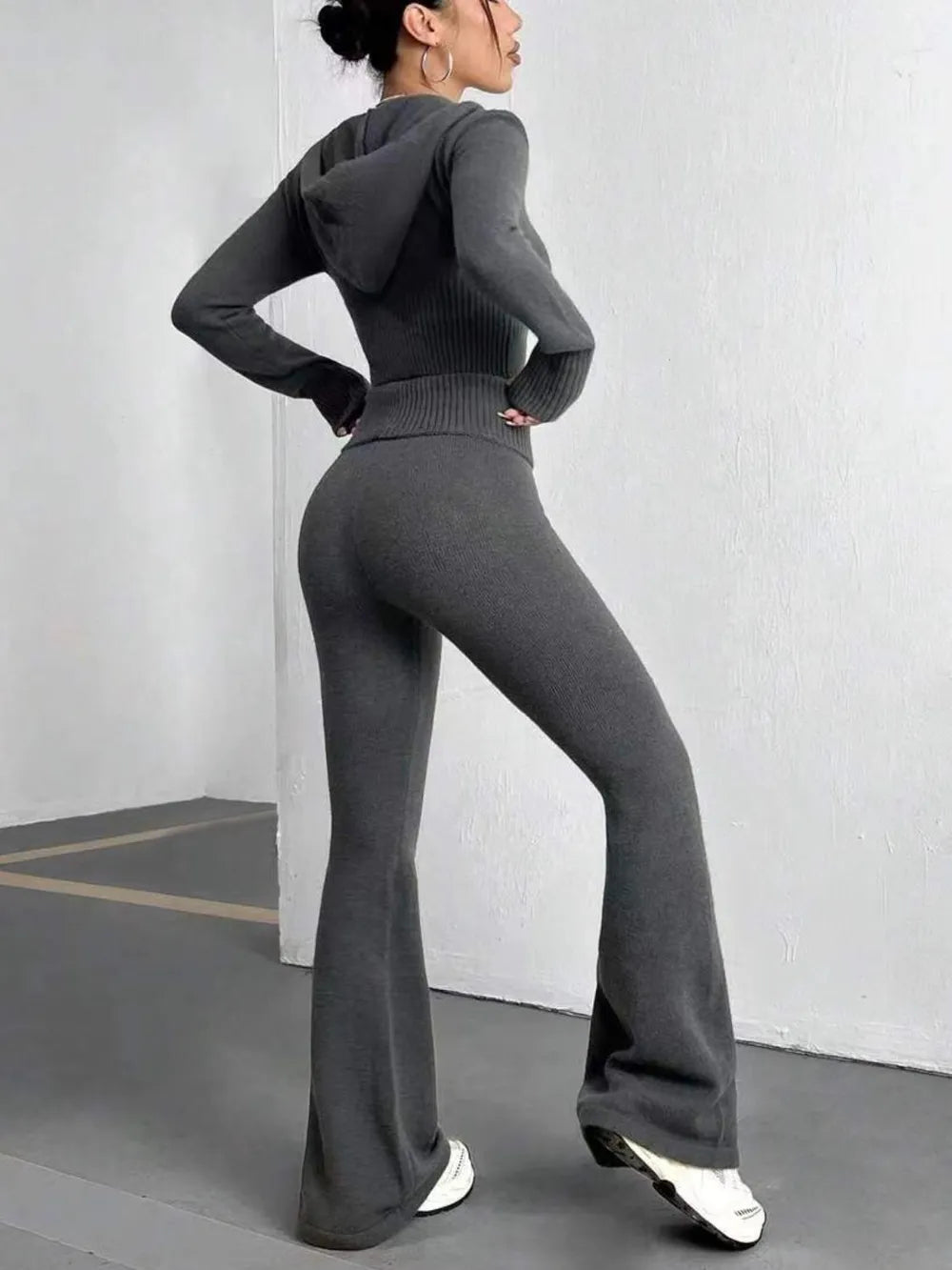 Zip Up Hooded Top and Flare Pants Sweater Set Easy Apparels