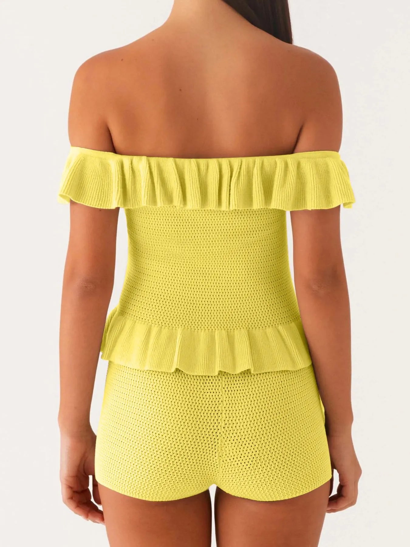 Off-Shoulder Ruffle Top and Shorts Sweater Set Easy Apparels