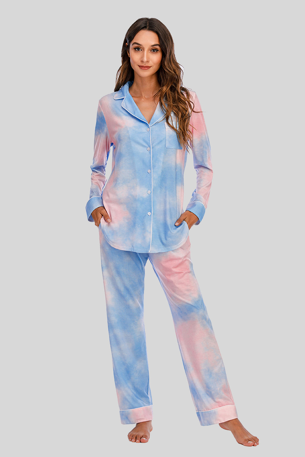 Collared Neck Long Sleeve Loungewear Set with Pockets Multicolor Easy Apparels