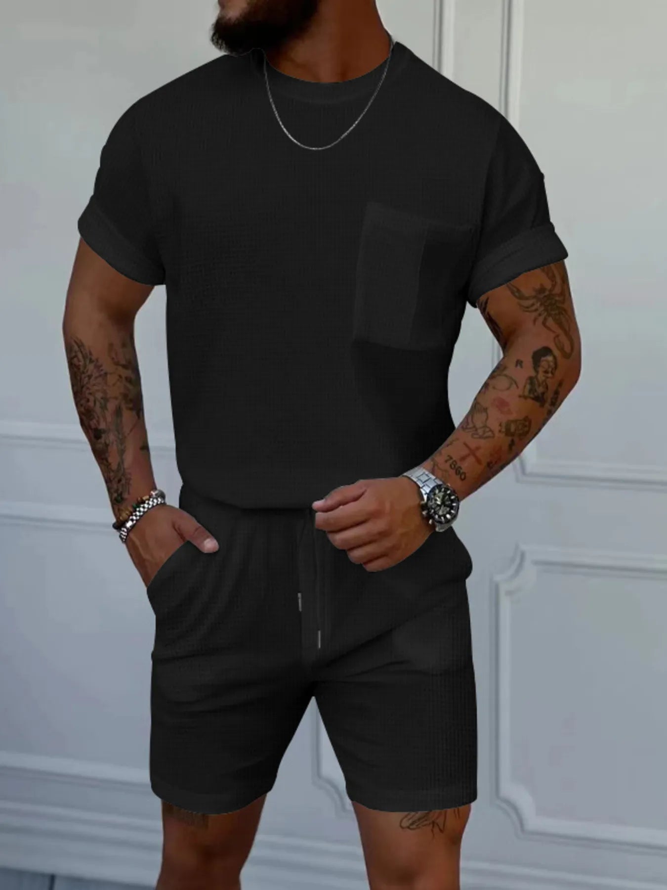 Men's Full Size Round Neck Short Sleeve Top and Shorts Set Plus Size Black Easy Apparels