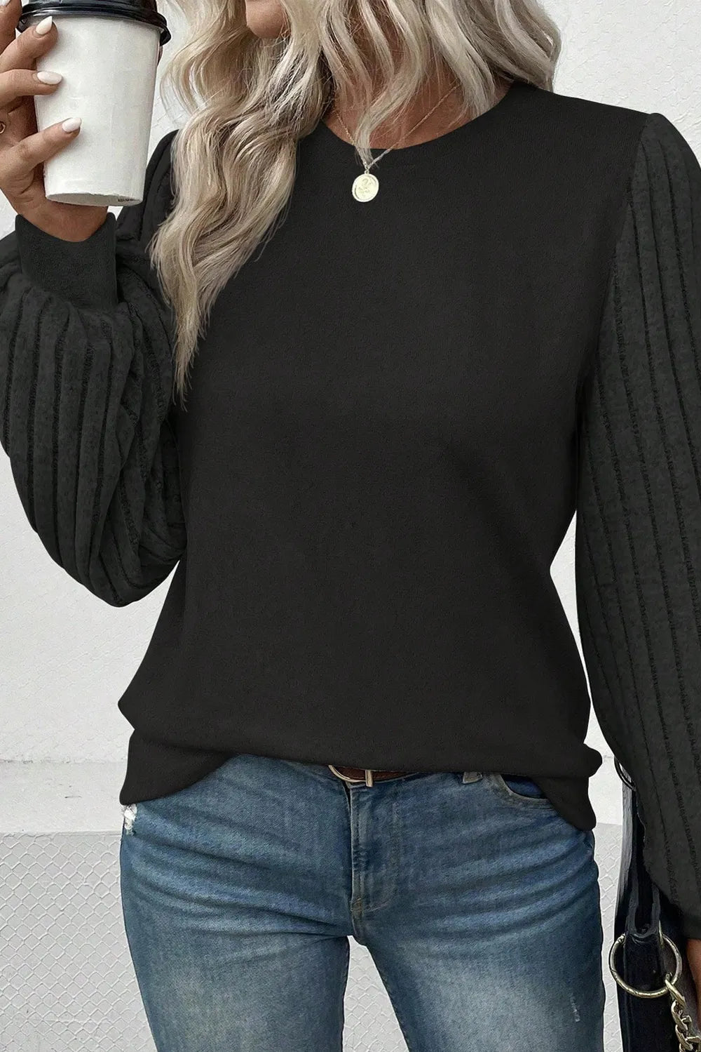 Trendsi Ribbed Round Neck Long Sleeve Knit Top