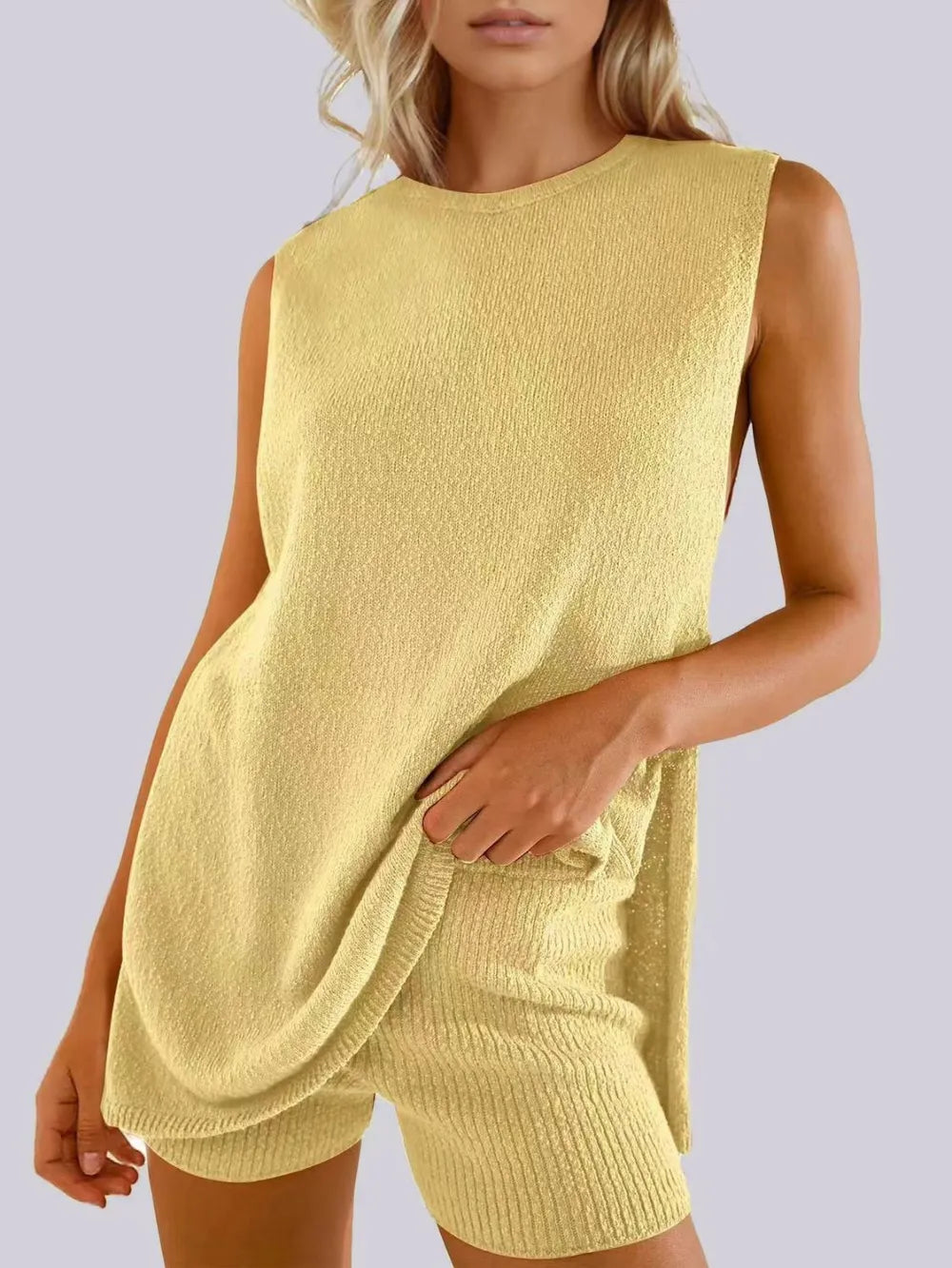 Side Slit Round Neck Tank and Ribbed Shorts Sweater Set Yellow Easy Apparels