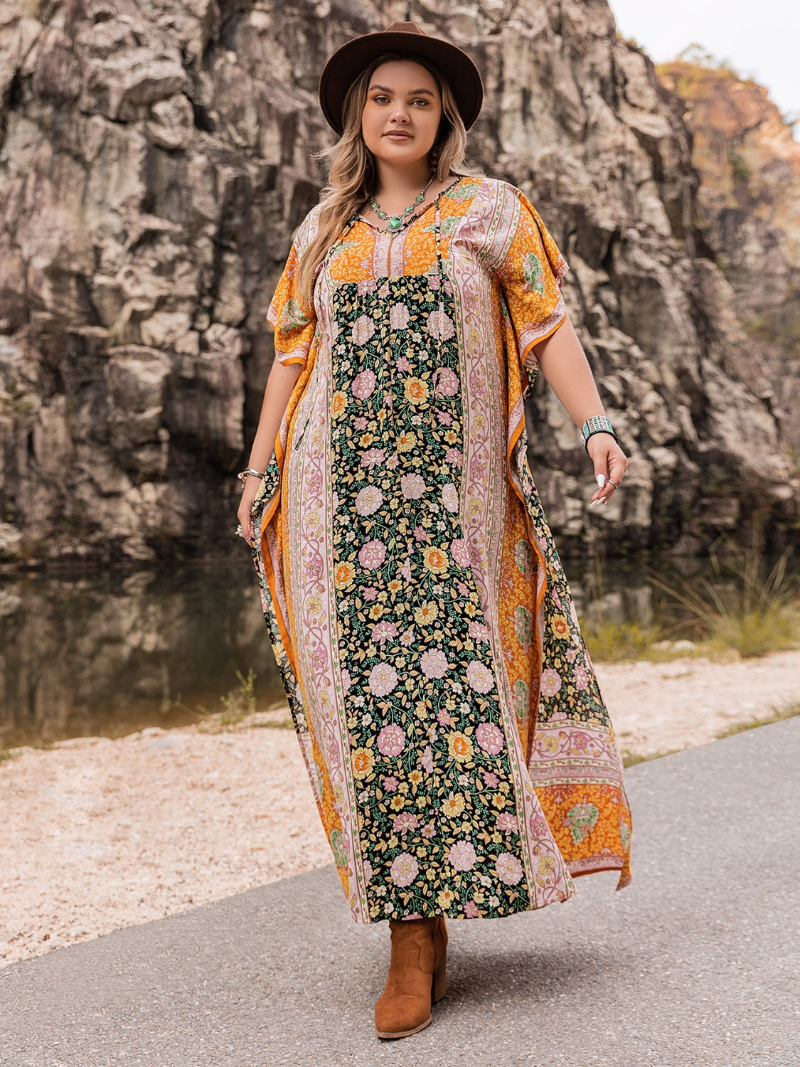 Plus Size Tie Neck Maxi Dress Easy Apparels