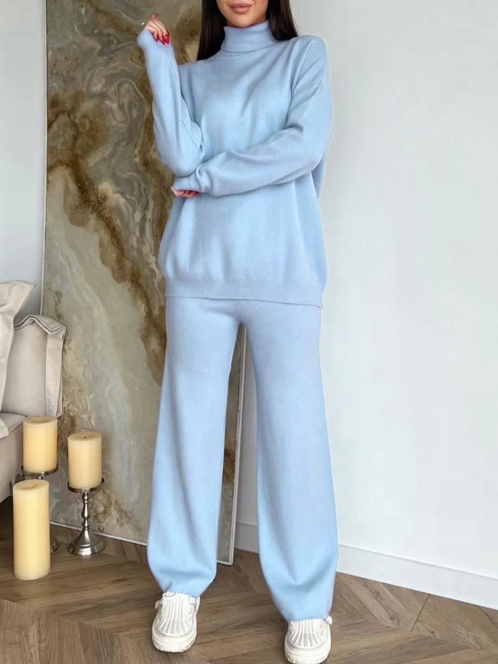 Turtleneck Long Sleeve Top and Drawstring Pants Sweater Set Light Blue One Size Easy Apparels