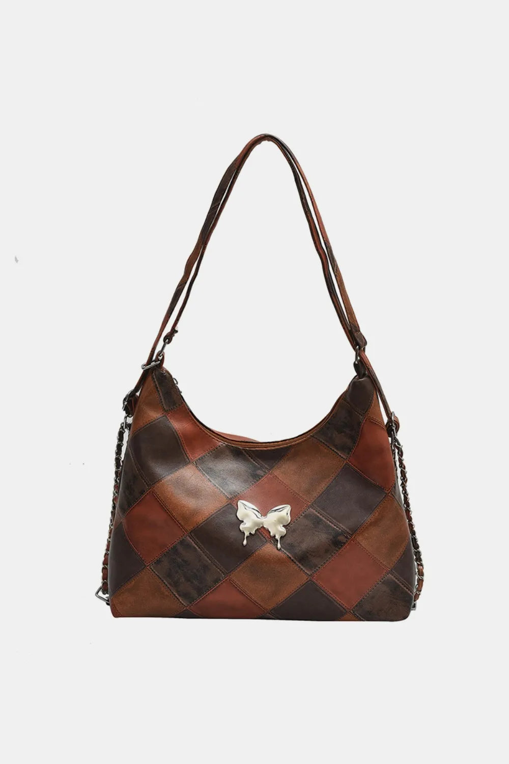PU Leather Color Block Shoulder Bag Brown One Size Easy Apparels