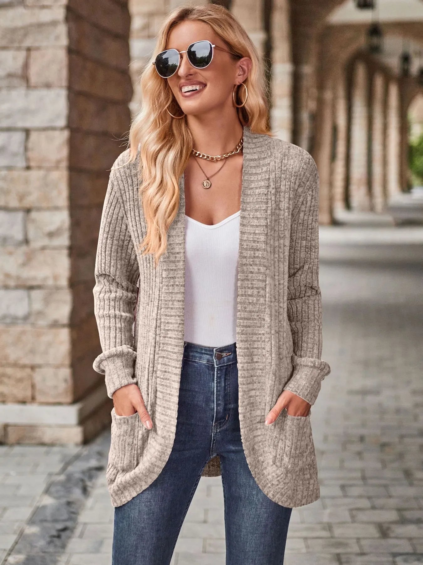 Ribbed Open Front Long Cardigan with Pockets Easy Apparels