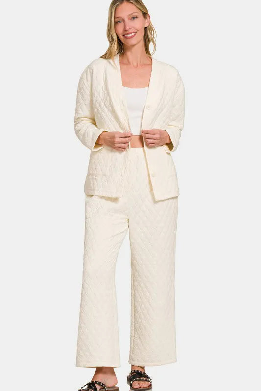 Zenana Quilted Button Up Long Sleeve Top and Pants Lounge Set Easy Apparels