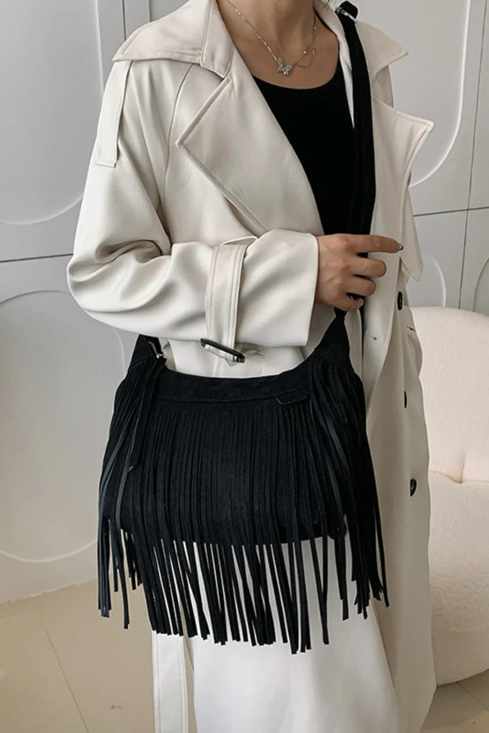 Suede Fringe Adjustable Strap Shoulder Bag Easy Apparels