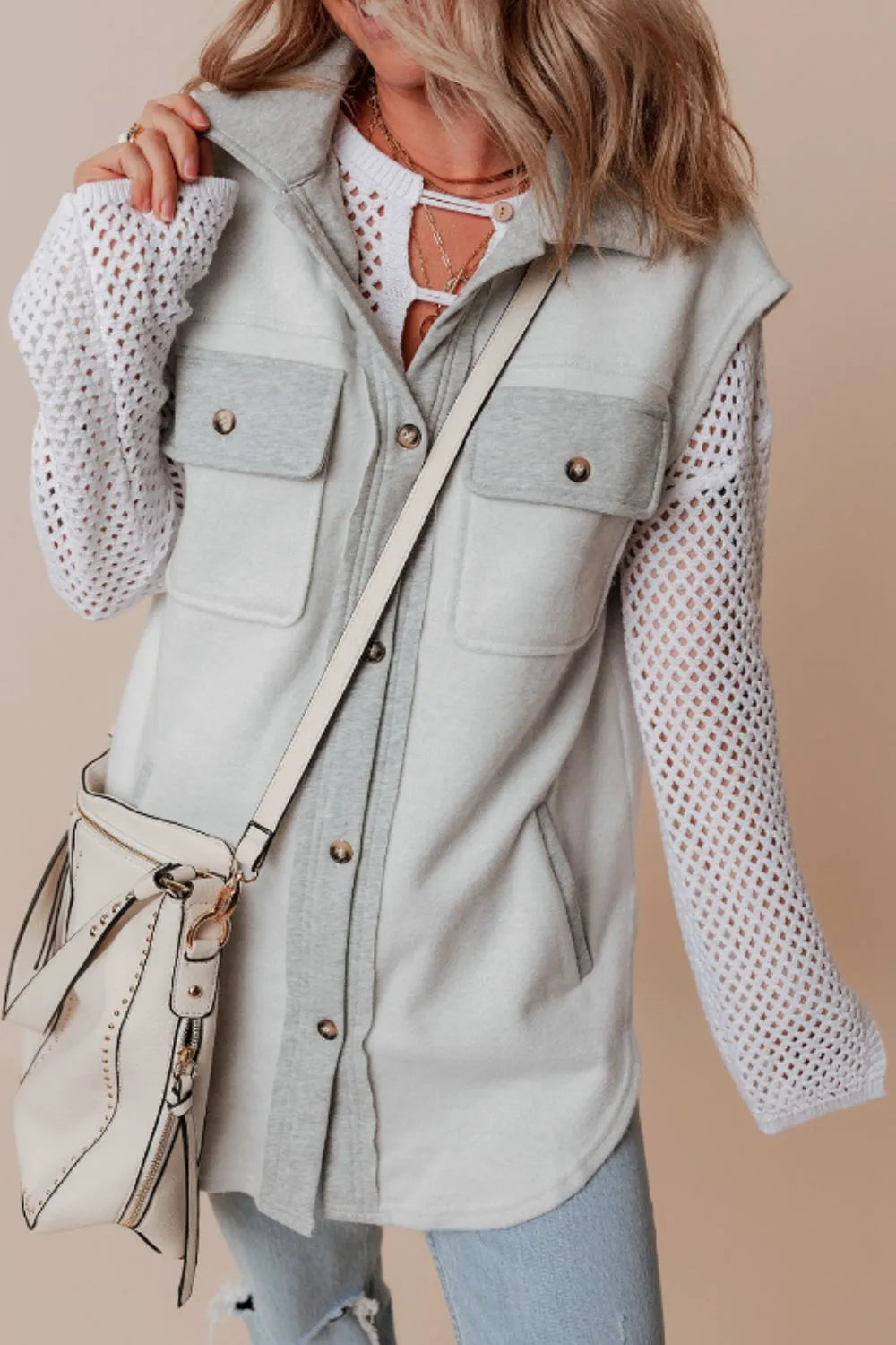 Pocketed Curved Hem Button Up Vest Light Gray Easy Apparels