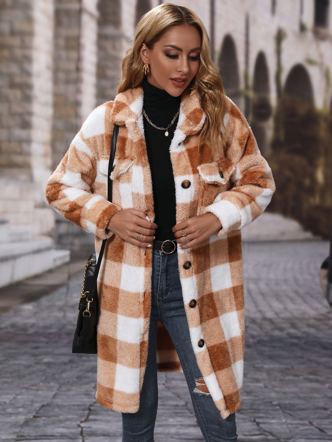 Plaid Collared Neck Button Down Coat Easy Apparels