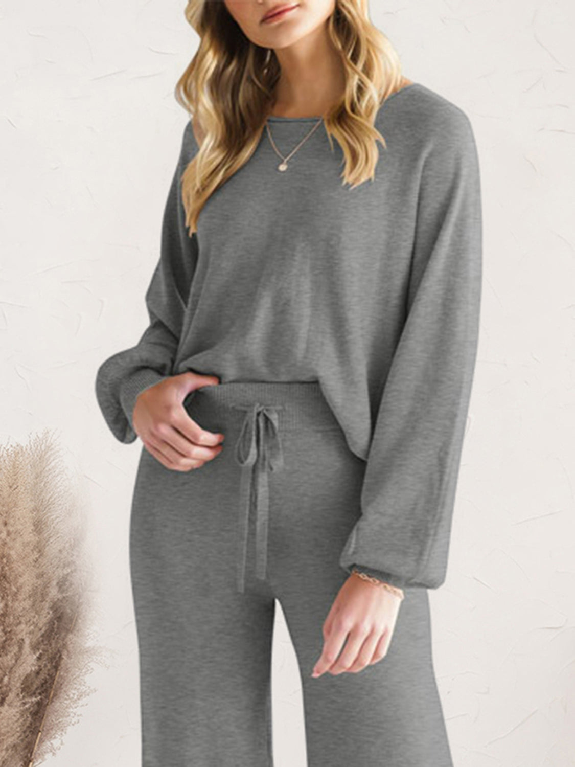 Long Sleeve Lounge Top and Drawstring Pants Set Easy Apparels